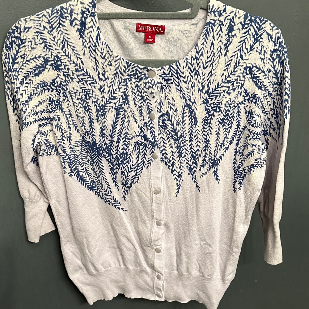 Merona Women's Cardigan Lilac with Blue and White Leaf Pattern